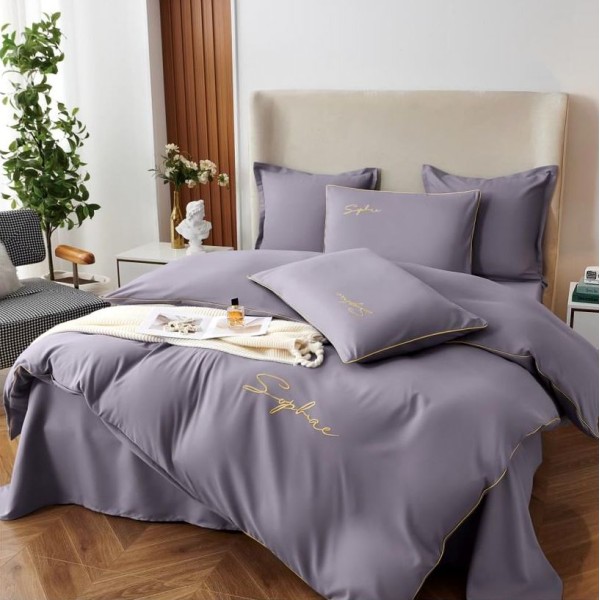 Lenjerie pat dublu cu broderie, Bumbac Satinat Deluxe, 6 piese, Gri [1]
