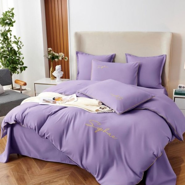 Lenjerie pat dublu cu broderie, Bumbac Satinat Deluxe, 6 piese, Lila [1]