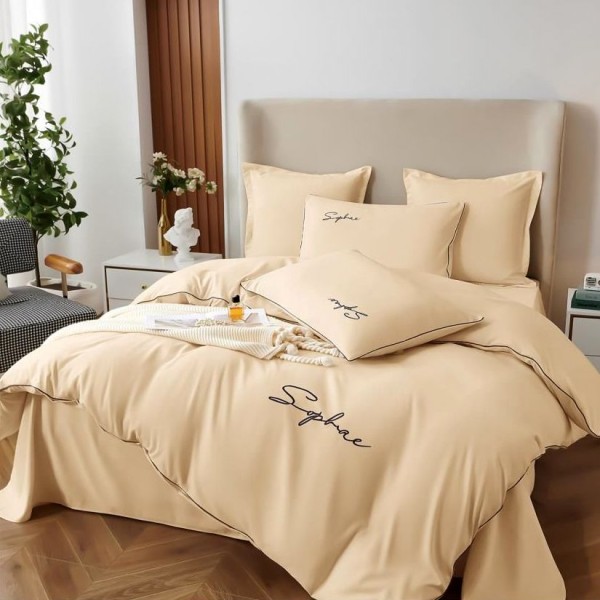 Lenjerie pat dublu cu broderie, Bumbac Satinat Deluxe, 6 piese, Bej [1]