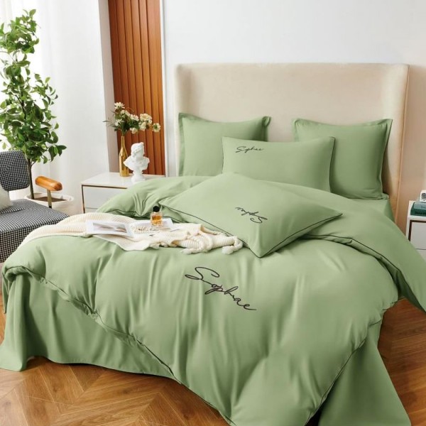 Lenjerie pat dublu cu broderie, Bumbac Satinat Deluxe, 6 piese, Verde [1]