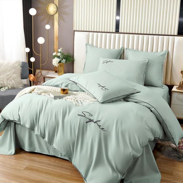 Lenjerie pat dublu cu broderie, Bumbac Satinat Deluxe, 6 piese, Verde menta [1]