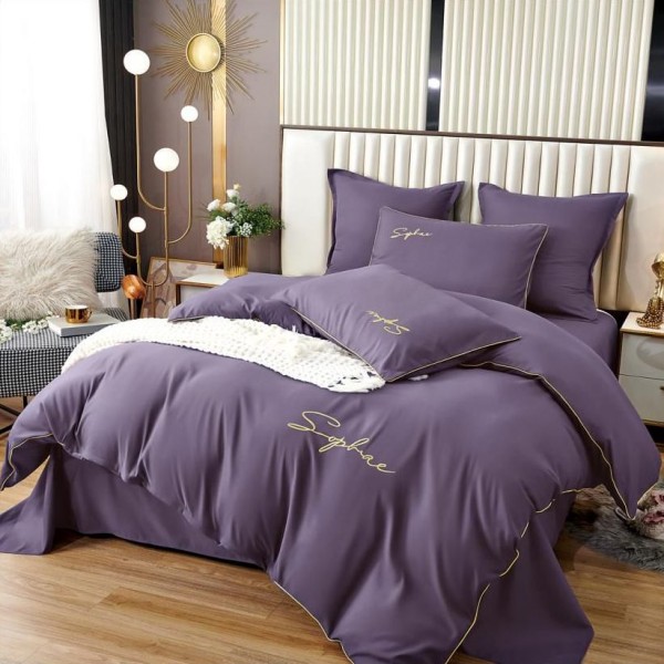Lenjerie pat dublu cu broderie, Bumbac Satinat Deluxe, 6 piese, Mov [1]