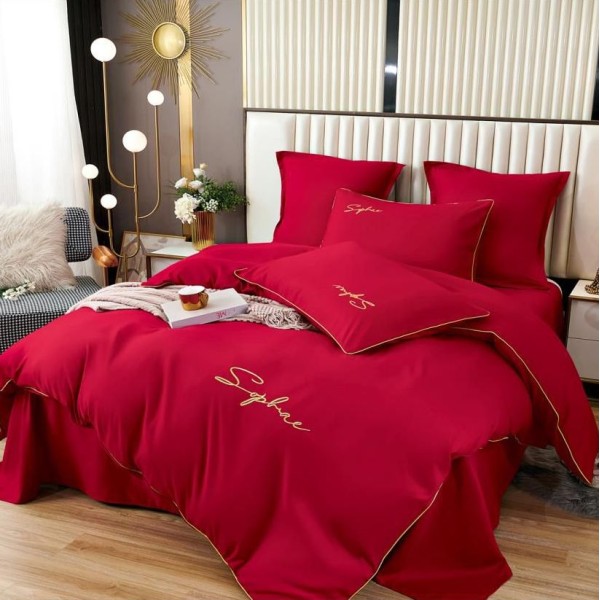 Lenjerie pat dublu cu broderie, Bumbac Satinat Deluxe, 6 piese, Rosu [1]