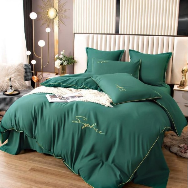 Lenjerie pat dublu cu broderie, Bumbac Satinat Deluxe, 6 piese, Verde smarald [1]
