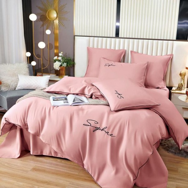 Lenjerie pat dublu cu broderie, Bumbac Satinat Deluxe, 6 piese, Roz [1]