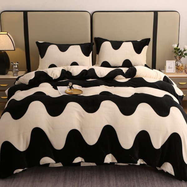 Lenjerie pat dublu, Super Pufoasa COCOLINO, 4 piese, Crem-Negru, valuri [1]