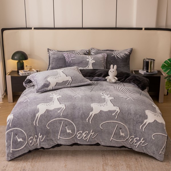 Lenjerie pat dublu, Super Pufoasa COCOLINO,cu ELASTIC, 4 piese, Jojo Home, Gri, reni [1]