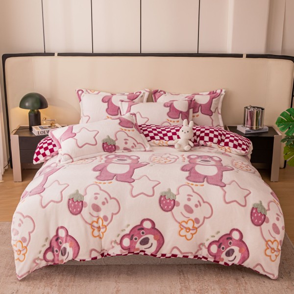 Lenjerie pat dublu, Super Pufoasa COCOLINO,cu ELASTIC, 4 piese, Jojo Home, Roz, ursuleti, capsune, stelute [1]