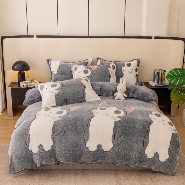 Lenjerie pat dublu, Super Pufoasa COCOLINO,cu ELASTIC, 4 piese, Jojo Home, Gri, pisici [1]