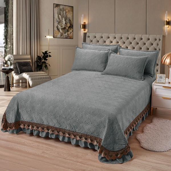 Cuvertura pat dublu, 3 piese, Catifea Matlasata cu broderie, 220x240cm + 2 fete de perne 50x70cm, gri [1]