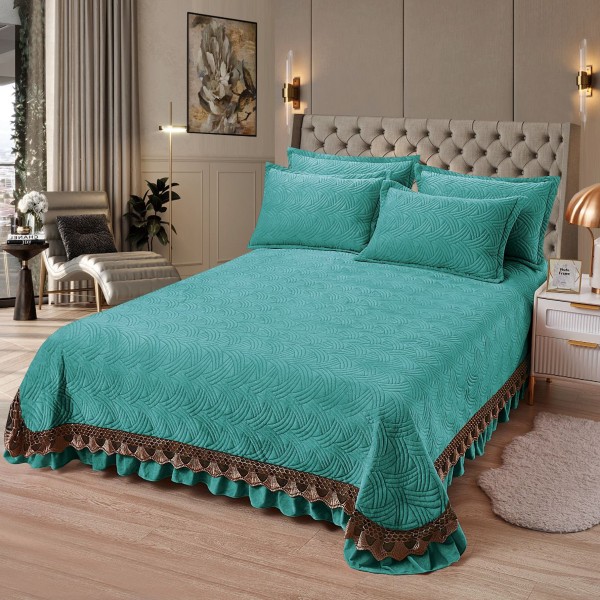 Cuvertura pat dublu, 3 piese, Catifea Matlasata cu broderie, 220x240cm + 2 fete de perne 50x70cm, turquoise [1]