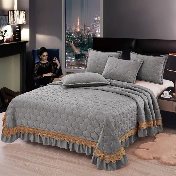 Cuvertura pat dublu, 3 piese, Catifea Matlasata cu broderie, 220x240cm + 2 fete de perne 50x70cm, gri [1]