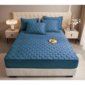 Husã matlasatã tip topper din catifea, 140x200cm + 2 fete de perna 50x70cm, albastru