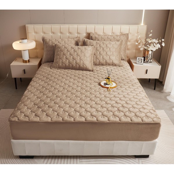 Husã matlasatã tip topper din catifea, 140x200cm + 2 fete de perna 50x70cm, cappuccino [1]