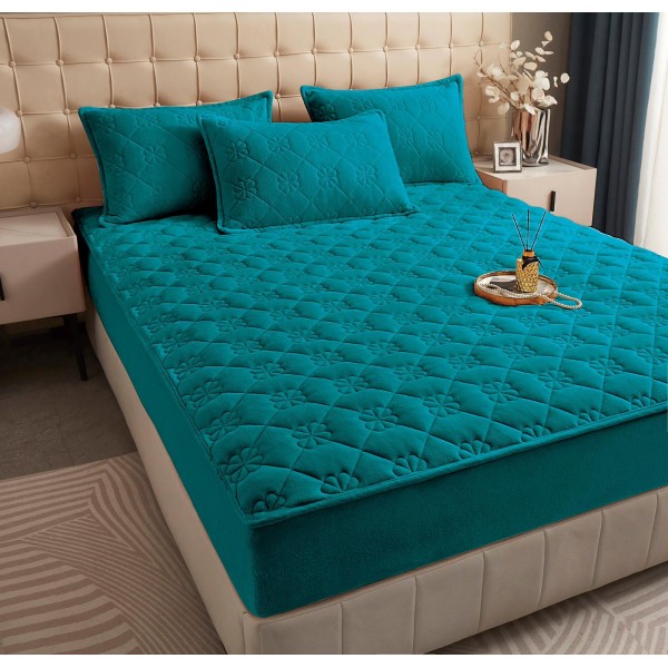 Husã matlasatã tip topper din catifea, 180x200cm + 2 fete de perna 50x70cm, turquoise [1]