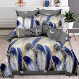 Lenjerie pat dublu (160x200cm, 180x200cm),  FINET, 6 piese, cu ELASTIC, Albastru, pene