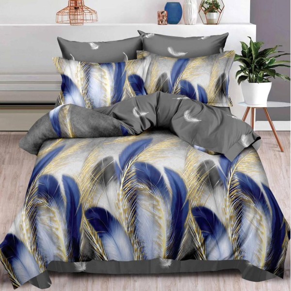 Lenjerie pat dublu (160x200cm, 180x200cm),  FINET, 6 piese, cu ELASTIC, Albastru, pene [1]