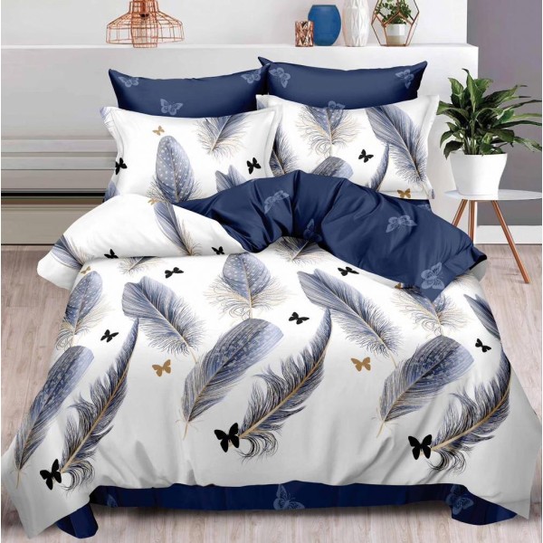 Lenjerie pat dublu (160x200cm, 180x200cm),  FINET, 6 piese, cu ELASTIC, Albastru, pene, fluturi [1]