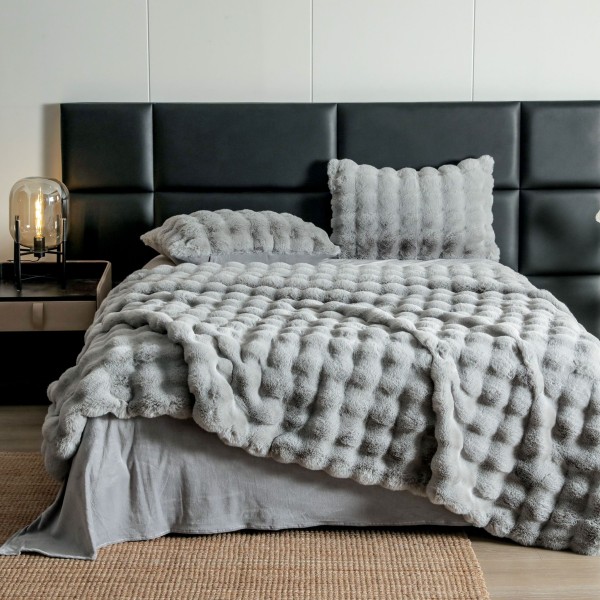 Lenjerie Luxury Pat Dublu, Jojo Home, ExtraPufoasa, din Blanita Artificiala tip Iepure, 6 piese, Gri deschis [1]