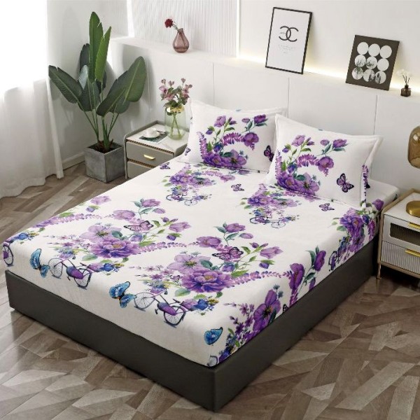 Cearsaf cu elastic COCOLINO, 180x200x25cm, 2 fete de perne, Mov, flori [1]