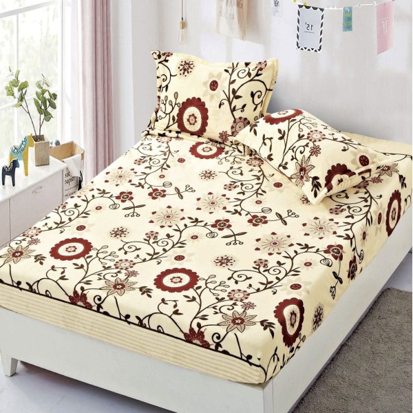 Cearsaf cu elastic COCOLINO, 180x200x25cm, 2 fete de perne, Bej, flori [1]