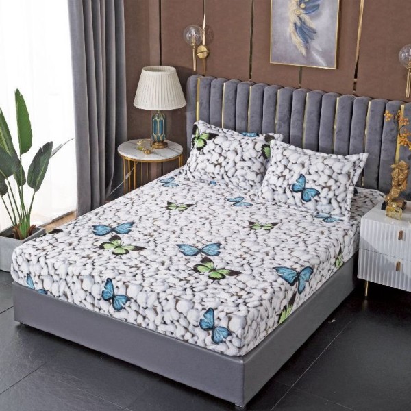 Cearsaf cu elastic COCOLINO, 180x200x25cm, 2 fete de perne, Gri, pietre, fluturi [1]