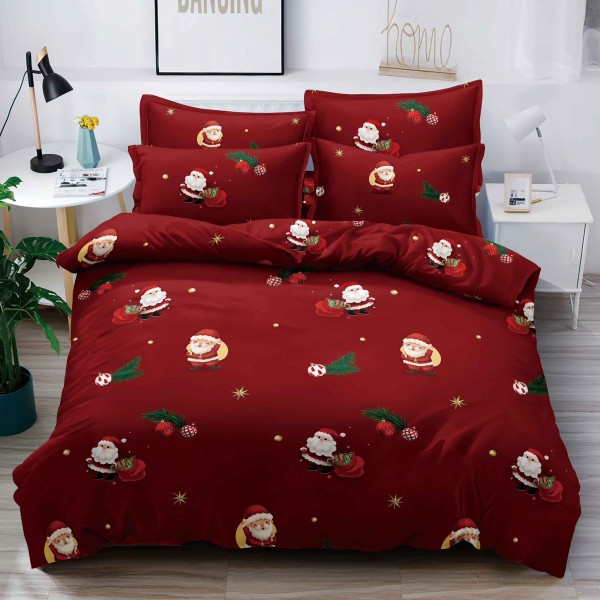 Lenjerie pat dublu,  FINET, 6 piese, cu ELASTIC, Craciun, Jojo Home, Rosu, Mos Craciun [1]