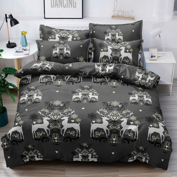 Lenjerie pat dublu,  FINET, 6 piese, cu ELASTIC, Craciun, Jojo Home, Gri, reni [1]
