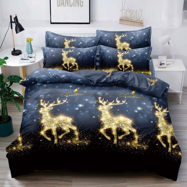 Lenjerie pat dublu,  FINET, 6 piese, cu ELASTIC, Craciun, Jojo Home, Bleumarin, reni [1]