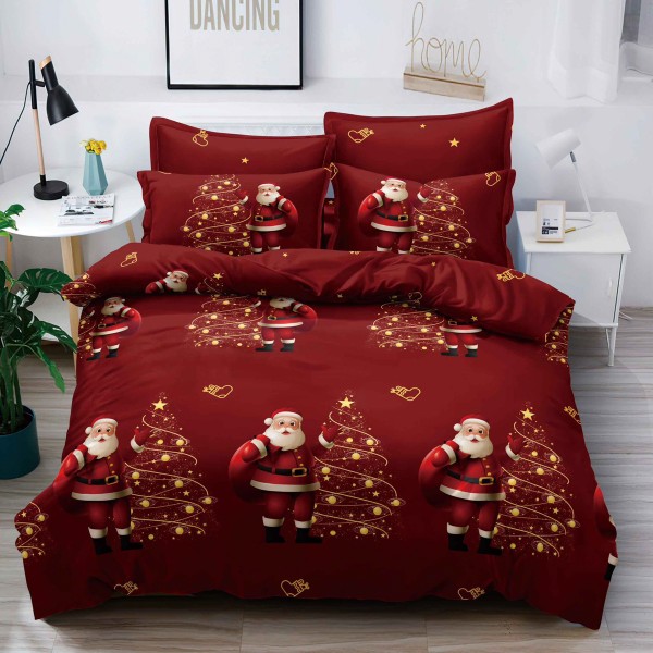 Lenjerie pat dublu,  FINET, 6 piese, cu ELASTIC, Craciun, Jojo Home, Rosu, Mos Craciun [1]