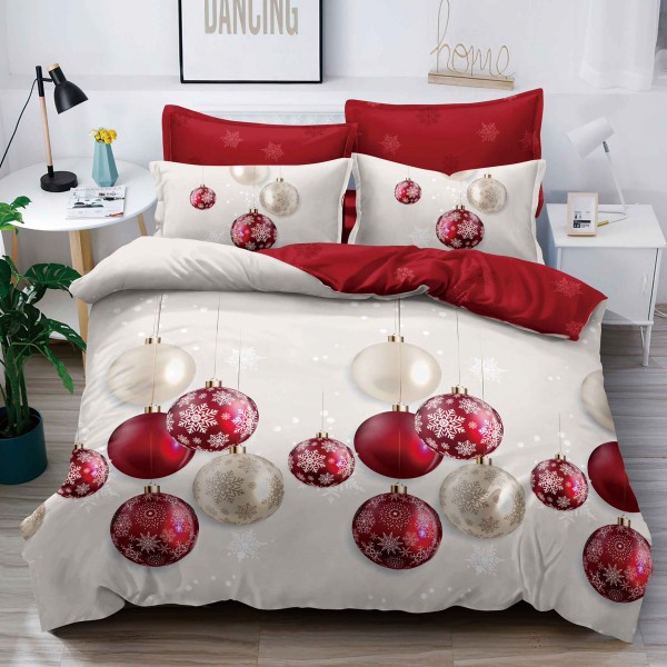 Lenjerie pat dublu,  FINET, 6 piese, Craciun, Jojo Home, Crem-Rosu, globulete [1]