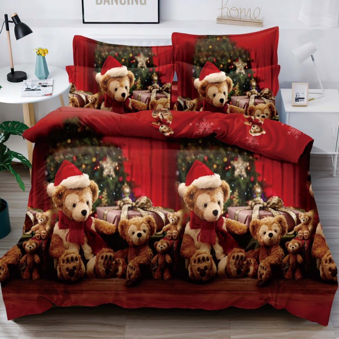 Lenjerie pat dublu, BUMBAC FINET, 6 piese, X-Mass Collection, Jojo Home, Rosu, Mos Craciun