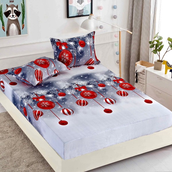 Cearsaf cu elastic, Bumbac FINET, 160/180x200cm, 2 fete de perne 50x70cm, Jojo Home, Craciun, Gri, globulete [1]