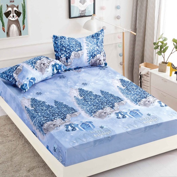 Cearsaf cu elastic, Bumbac FINET, 160/180x200cm, 2 fete de perne 50x70cm, Jojo Home, Craciun, Bleu, peisaj de iarna [1]