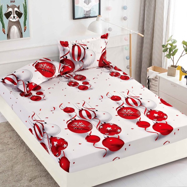 Cearsaf cu elastic, Bumbac FINET, 160/180x200cm, 2 fete de perne 50x70cm, Jojo Home, Craciun, Alb, globulete [1]