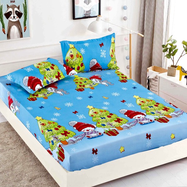 Cearsaf cu elastic, Bumbac FINET, 160/180x200cm, 2 fete de perne 50x70cm, Jojo Home, Craciun, Bleu, brazi [1]