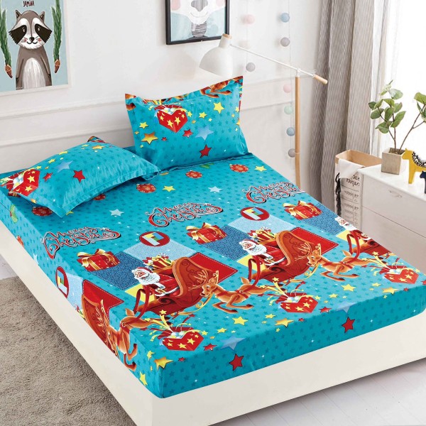 Cearsaf cu elastic, Bumbac FINET, 160/180x200cm, 2 fete de perne 50x70cm, Jojo Home, Craciun, Albastru, sania lui Mos Craciun [1]
