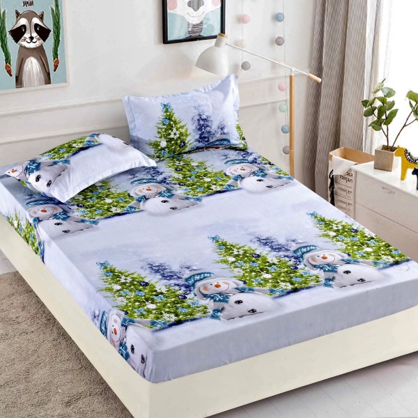 Cearsaf cu elastic, Bumbac FINET, 160/180x200cm, 2 fete de perne 50x70cm, Jojo Home, Craciun, Bleu, oameni de zapada, brazi [1]