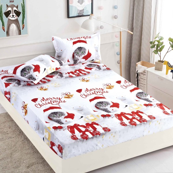 Cearsaf cu elastic, Bumbac FINET, 160/180x200cm, 2 fete de perne 50x70cm, Jojo Home, Craciun, Alb, pisicute [1]