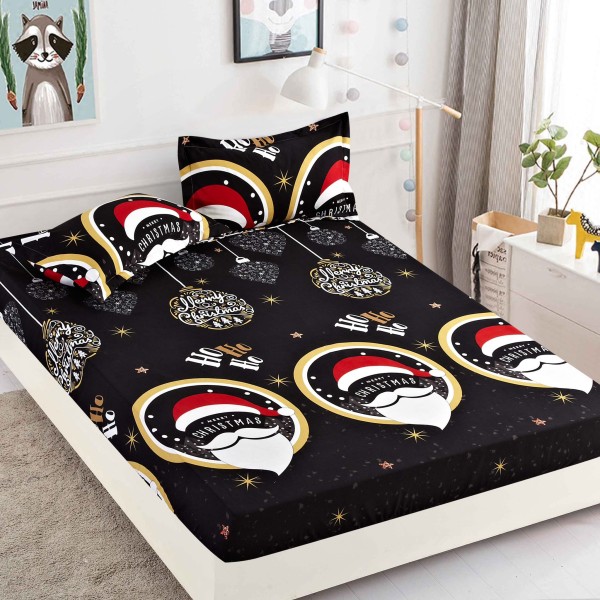 Cearsaf cu elastic, Bumbac FINET, 160/180x200cm, 2 fete de perne 50x70cm, Jojo Home, Craciun, Negru, Mos Craciun [1]