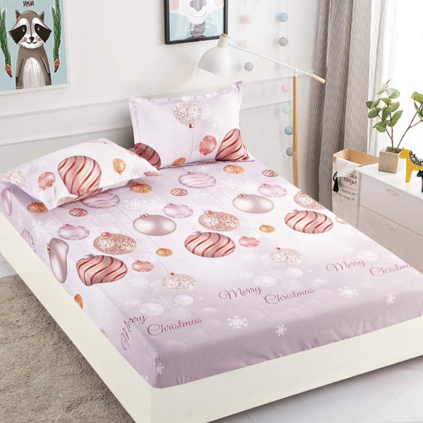 Cearsaf cu elastic, Bumbac FINET, 160/180x200cm, 2 fete de perne 50x70cm, Jojo Home, Craciun, Gri Rozaliu, globulete [1]