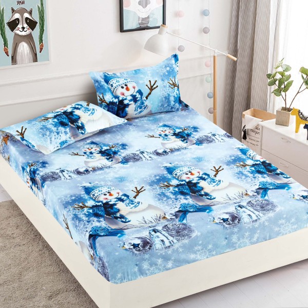 Cearsaf cu elastic, Bumbac FINET, 160/180x200cm, 2 fete de perne 50x70cm, Jojo Home, Craciun, Bleu, oameni de zapada [1]