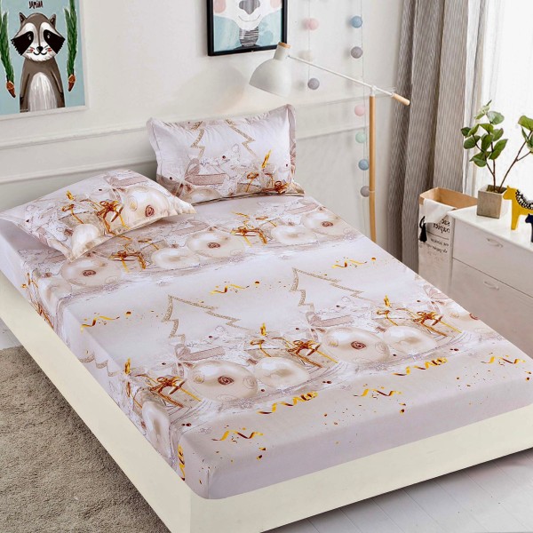 Cearsaf cu elastic, Bumbac FINET, 160/180x200cm, 2 fete de perne 50x70cm, Jojo Home, Craciun, Grej deschis, globulete [1]