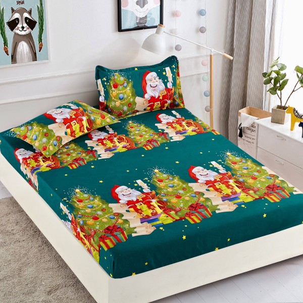 Cearsaf cu elastic, Bumbac FINET, 160/180x200cm, 2 fete de perne 50x70cm, Jojo Home, Craciun, Verde, Mos Craciun, brazi [1]