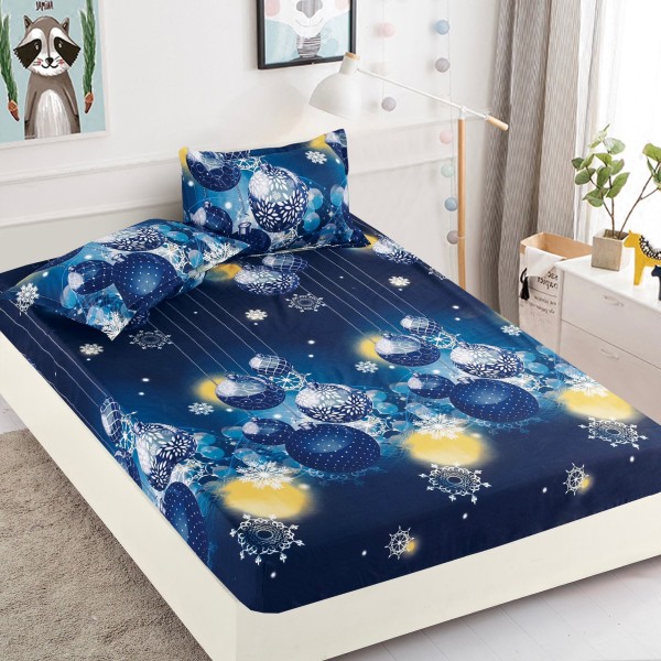 Cearsaf cu elastic, Bumbac FINET, 160/180x200cm, 2 fete de perne 50x70cm, Jojo Home, Craciun, Albastru, globulete [1]