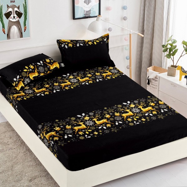 Cearsaf cu elastic, Bumbac FINET, 160/180x200cm, 2 fete de perne 50x70cm, Jojo Home, Craciun, Negru, reni [1]