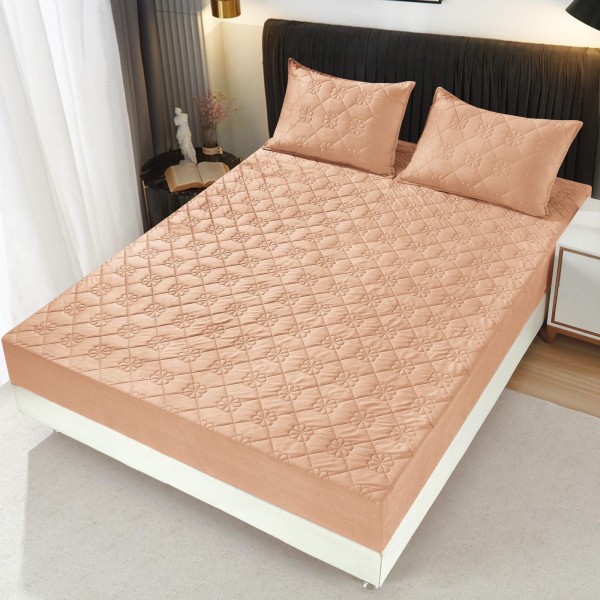 Husã matlasatã tip topper din catifea, 180x200cm + 2 fete de perna 50x70cm, Camel [1]