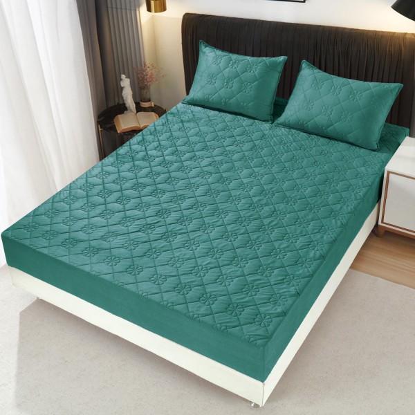 Husã matlasatã tip topper din catifea, 180x200cm + 2 fete de perna 50x70cm, Verde [1]