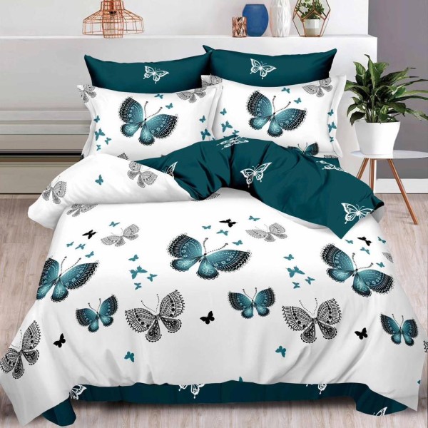 Lenjerie pat dublu (140x200cm, 160x200cm, 180x200cm),  FINET, 6 piese, Turquoise, fluturi [1]