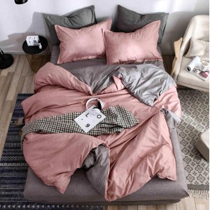 Lenjerie pat dublu, bumbac satinat, cearsaf clasic, 4 piese,  Roz